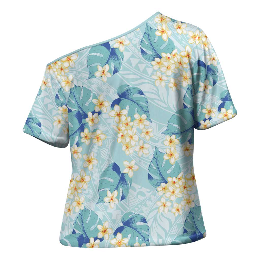 Pastel Cyan Tropical Hawaii Cross Shoulder Shirt Seamless Monstera Plumeria Hawaiian Pattern - Polynesian Pride