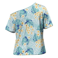 Pastel Cyan Tropical Hawaii Cross Shoulder Shirt Seamless Monstera Plumeria Hawaiian Pattern - Polynesian Pride
