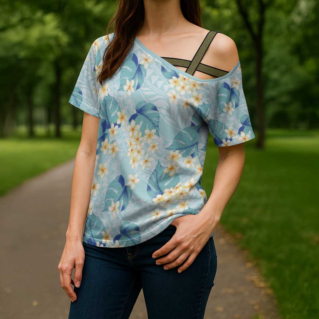 Pastel Cyan Tropical Hawaii Cross Shoulder Shirt Seamless Monstera Plumeria Hawaiian Pattern - Polynesian Pride