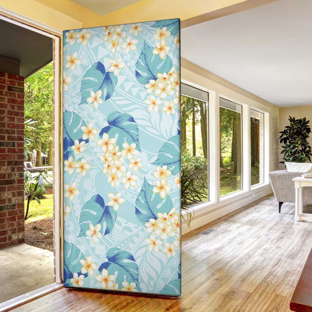 Pastel Cyan Tropical Hawaii Door Cover Seamless Monstera Plumeria Hawaiian Pattern - Polynesian Pride