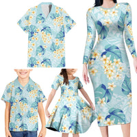 Pastel Cyan Tropical Hawaii Family Matching Long Sleeve Bodycon Dress and Hawaiian Shirt Seamless Monstera Plumeria Hawaiian Pattern LT14 - Polynesian Pride