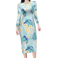 Pastel Cyan Tropical Hawaii Family Matching Long Sleeve Bodycon Dress and Hawaiian Shirt Seamless Monstera Plumeria Hawaiian Pattern LT14 Mom's Dress Pastel Cyan - Polynesian Pride