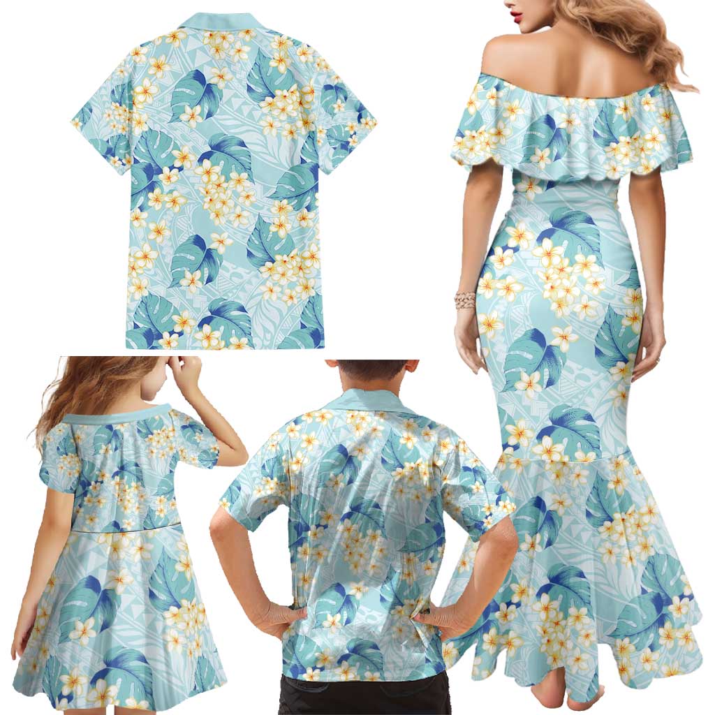 Pastel Cyan Tropical Hawaii Family Matching Mermaid Dress and Hawaiian Shirt Seamless Monstera Plumeria Hawaiian Pattern LT14 - Polynesian Pride