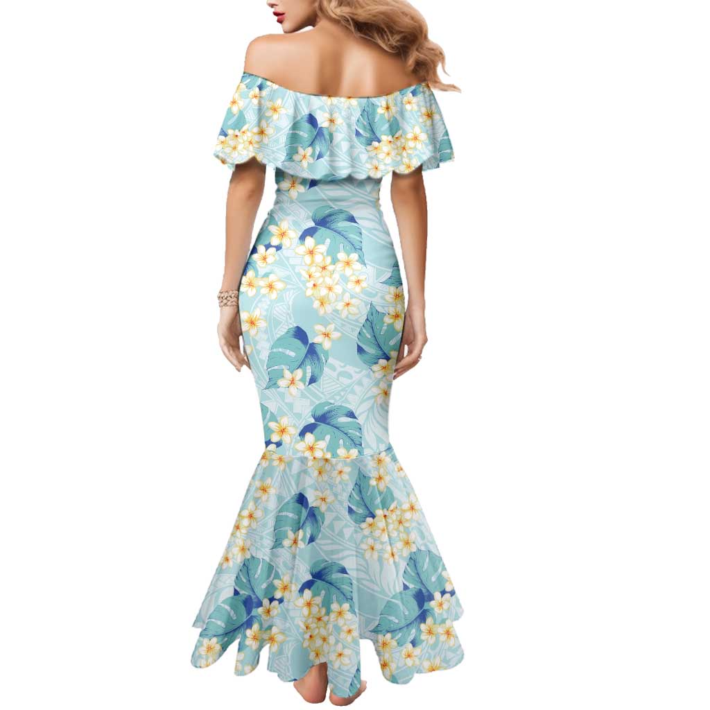 Pastel Cyan Tropical Hawaii Family Matching Mermaid Dress and Hawaiian Shirt Seamless Monstera Plumeria Hawaiian Pattern LT14 - Polynesian Pride