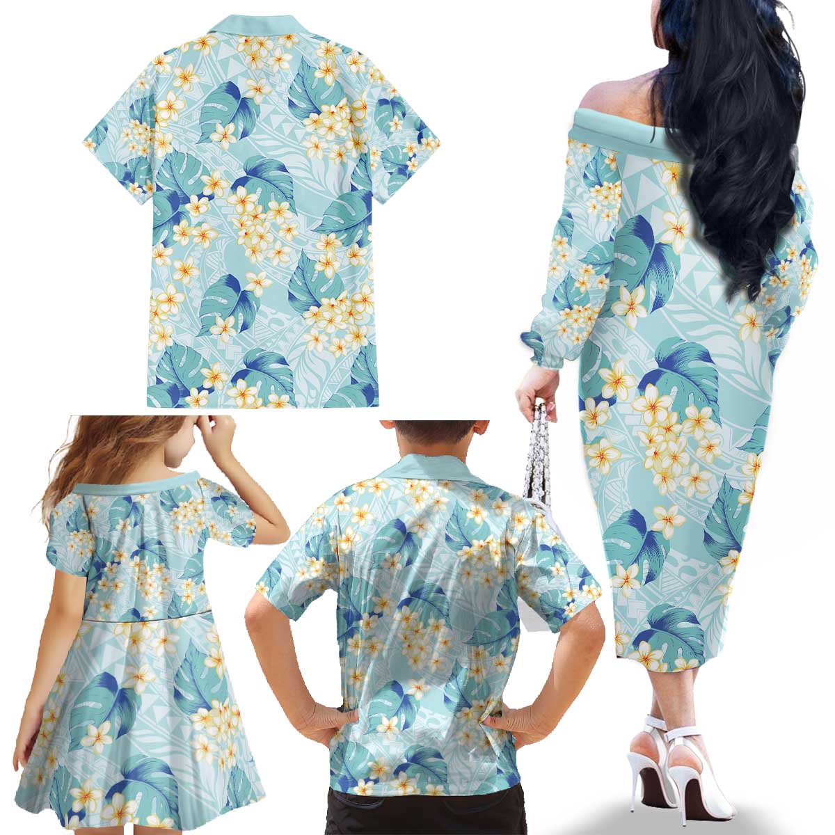 Pastel Cyan Tropical Hawaii Family Matching Off The Shoulder Long Sleeve Dress and Hawaiian Shirt Seamless Monstera Plumeria Hawaiian Pattern LT14 - Polynesian Pride
