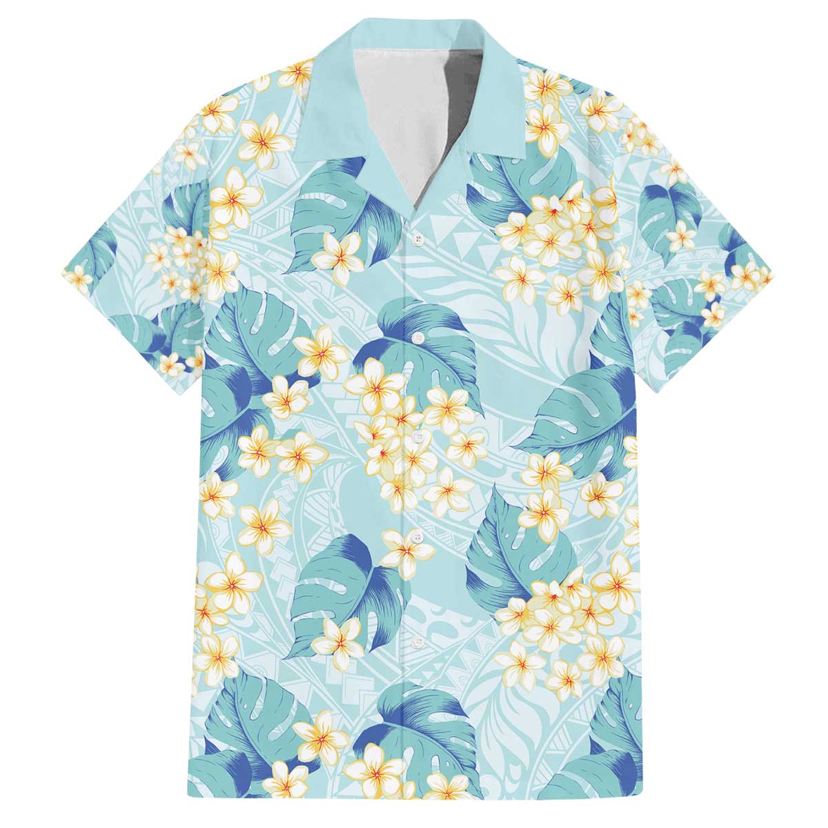 Pastel Cyan Tropical Hawaii Family Matching Off The Shoulder Long Sleeve Dress and Hawaiian Shirt Seamless Monstera Plumeria Hawaiian Pattern LT14 Dad's Shirt - Short Sleeve Pastel Cyan - Polynesian Pride