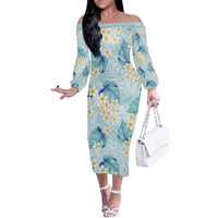 Pastel Cyan Tropical Hawaii Family Matching Off The Shoulder Long Sleeve Dress and Hawaiian Shirt Seamless Monstera Plumeria Hawaiian Pattern LT14 Mom's Dress Pastel Cyan - Polynesian Pride
