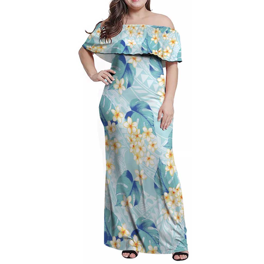 Pastel Cyan Tropical Hawaii Family Matching Off Shoulder Maxi Dress and Hawaiian Shirt Seamless Monstera Plumeria Hawaiian Pattern LT14 Mom's Dress Pastel Cyan - Polynesian Pride
