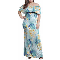 Pastel Cyan Tropical Hawaii Family Matching Off Shoulder Maxi Dress and Hawaiian Shirt Seamless Monstera Plumeria Hawaiian Pattern LT14 Mom's Dress Pastel Cyan - Polynesian Pride