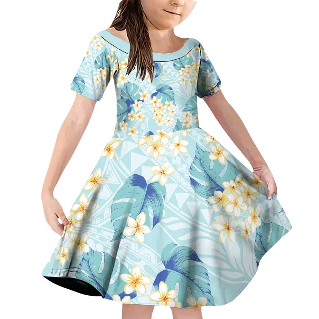Pastel Cyan Tropical Hawaii Family Matching Off Shoulder Short Dress and Hawaiian Shirt Seamless Monstera Plumeria Hawaiian Pattern LT14 Daughter's Dress Pastel Cyan - Polynesian Pride