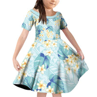 Pastel Cyan Tropical Hawaii Family Matching Off Shoulder Short Dress and Hawaiian Shirt Seamless Monstera Plumeria Hawaiian Pattern LT14 Daughter's Dress Pastel Cyan - Polynesian Pride