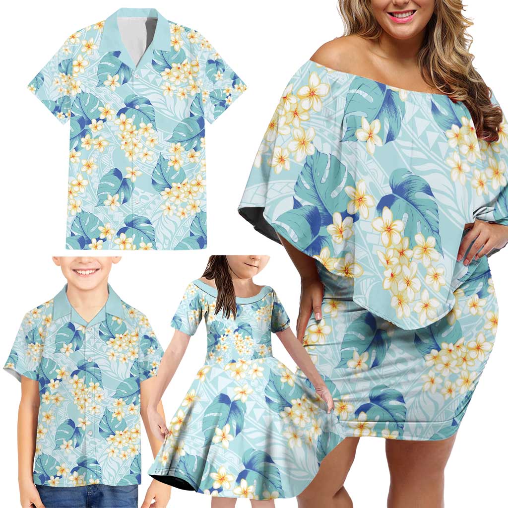 Pastel Cyan Tropical Hawaii Family Matching Off Shoulder Short Dress and Hawaiian Shirt Seamless Monstera Plumeria Hawaiian Pattern LT14 - Polynesian Pride