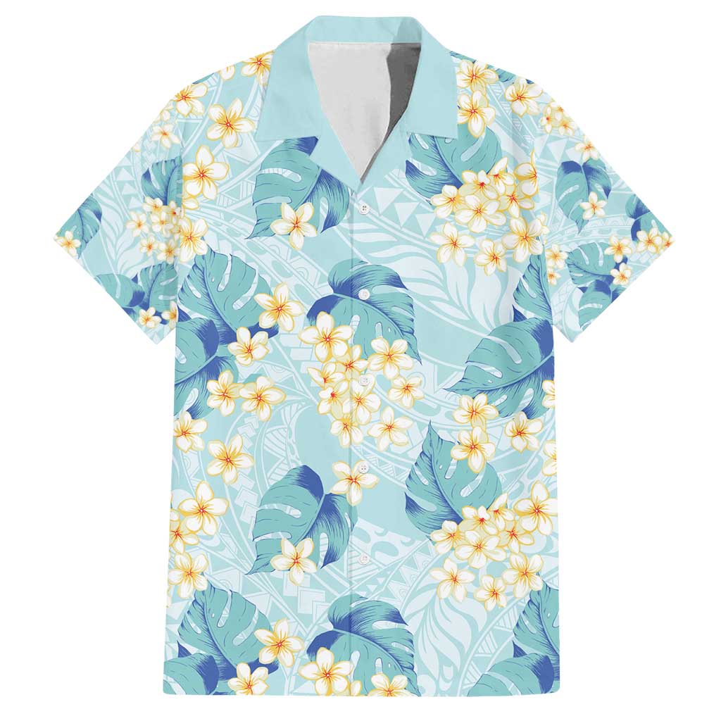 Pastel Cyan Tropical Hawaii Family Matching Off Shoulder Short Dress and Hawaiian Shirt Seamless Monstera Plumeria Hawaiian Pattern LT14 Dad's Shirt - Short Sleeve Pastel Cyan - Polynesian Pride