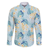 Pastel Cyan Tropical Hawaii Family Matching Off Shoulder Short Dress and Hawaiian Shirt Seamless Monstera Plumeria Hawaiian Pattern LT14 Dad's Shirt - Long Sleeve Pastel Cyan - Polynesian Pride