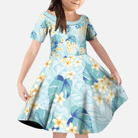 Pastel Cyan Tropical Hawaii Family Matching Short Sleeve Bodycon Dress and Hawaiian Shirt Seamless Monstera Plumeria Hawaiian Pattern LT14 Daughter's Dress Pastel Cyan - Polynesian Pride