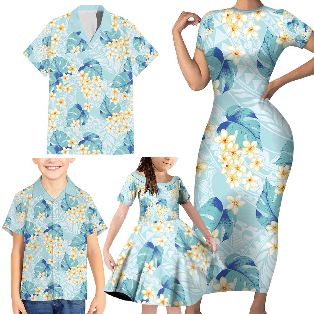 Pastel Cyan Tropical Hawaii Family Matching Short Sleeve Bodycon Dress and Hawaiian Shirt Seamless Monstera Plumeria Hawaiian Pattern LT14 - Polynesian Pride