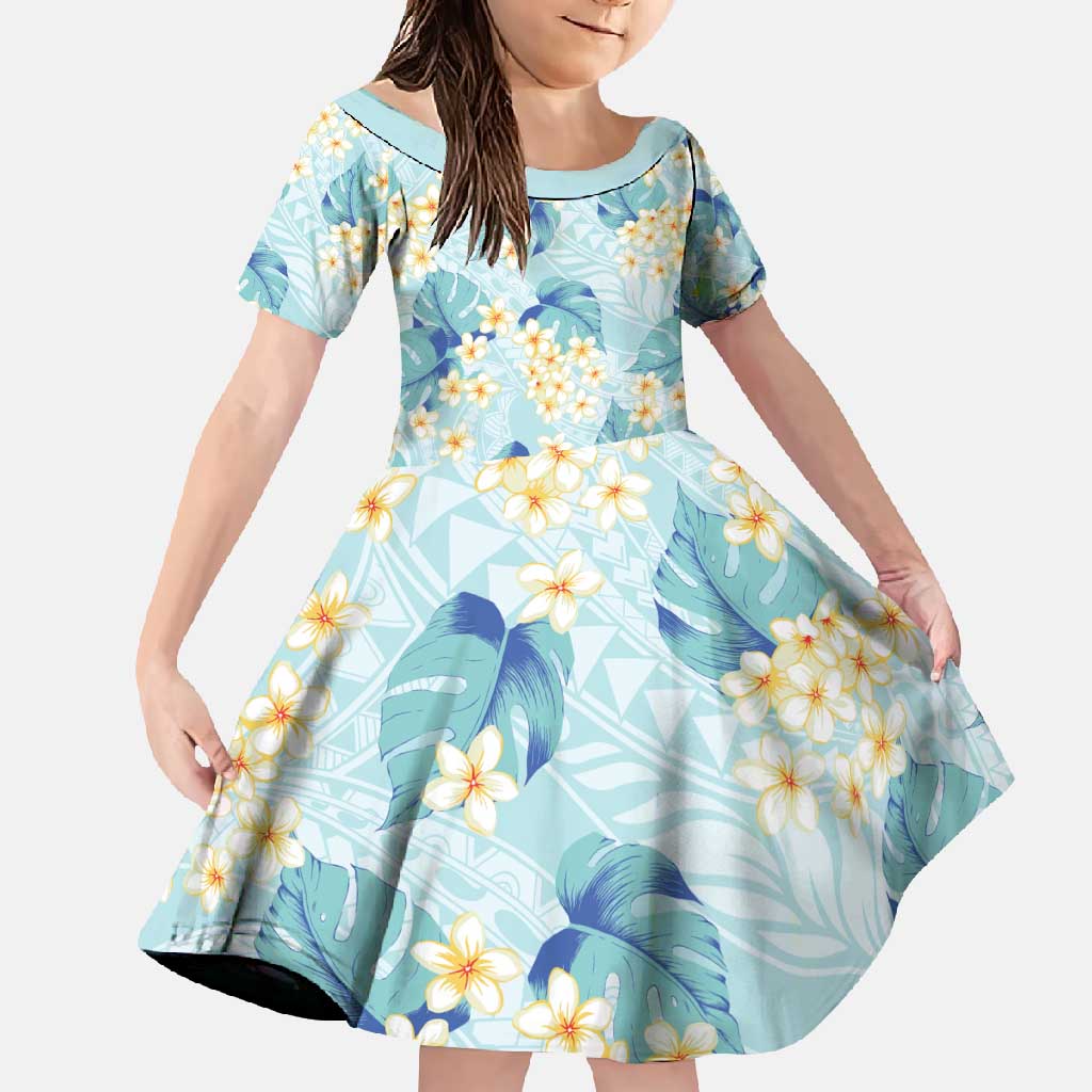 Pastel Cyan Tropical Hawaii Family Matching Summer Maxi Dress and Hawaiian Shirt Seamless Monstera Plumeria Hawaiian Pattern LT14 Daughter's Dress Pastel Cyan - Polynesian Pride