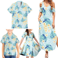 Pastel Cyan Tropical Hawaii Family Matching Summer Maxi Dress and Hawaiian Shirt Seamless Monstera Plumeria Hawaiian Pattern LT14 - Polynesian Pride
