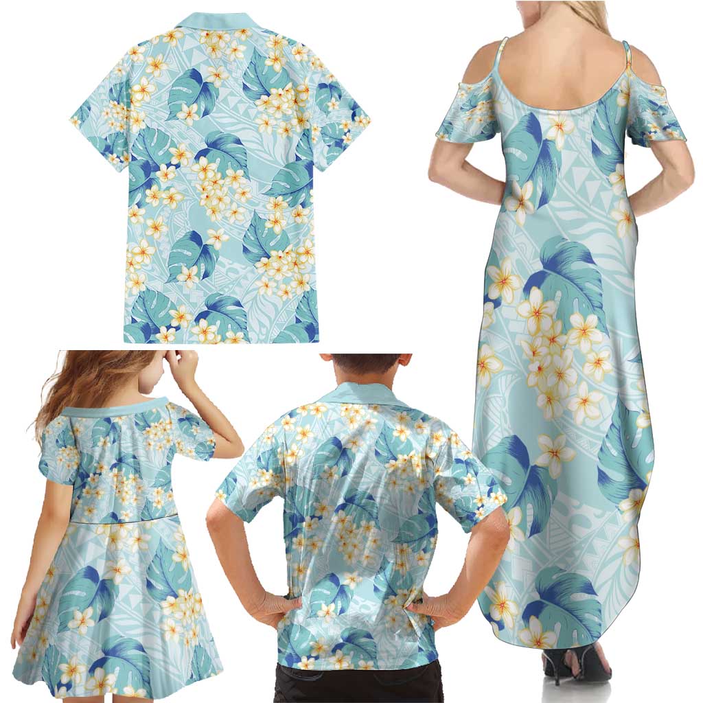 Pastel Cyan Tropical Hawaii Family Matching Summer Maxi Dress and Hawaiian Shirt Seamless Monstera Plumeria Hawaiian Pattern LT14 - Polynesian Pride
