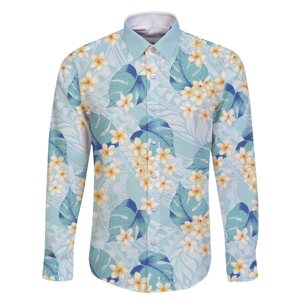 Pastel Cyan Tropical Hawaii Family Matching Summer Maxi Dress and Hawaiian Shirt Seamless Monstera Plumeria Hawaiian Pattern LT14 Dad's Shirt - Long Sleeve Pastel Cyan - Polynesian Pride