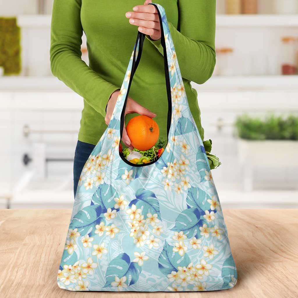 Pastel Cyan Tropical Hawaii Grocery Bag Seamless Monstera Plumeria Hawaiian Pattern - Polynesian Pride
