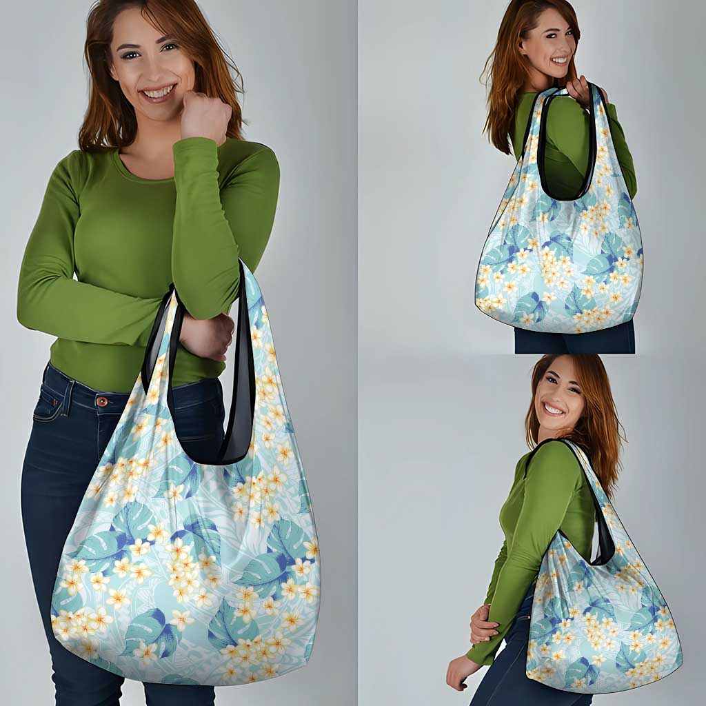 Pastel Cyan Tropical Hawaii Grocery Bag Seamless Monstera Plumeria Hawaiian Pattern - Polynesian Pride