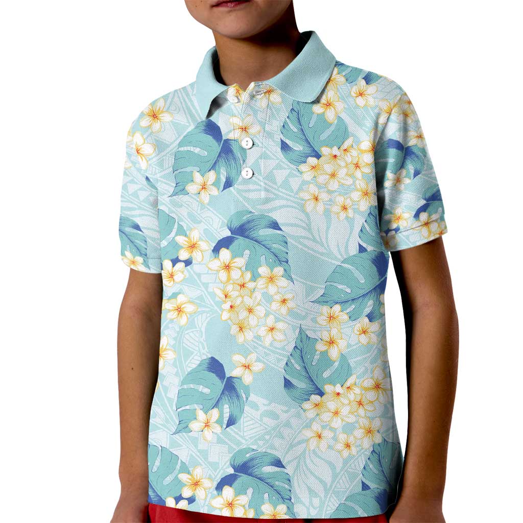 Pastel Cyan Tropical Hawaii Kid Polo Shirt Seamless Monstera Plumeria Hawaiian Pattern - Polynesian Pride