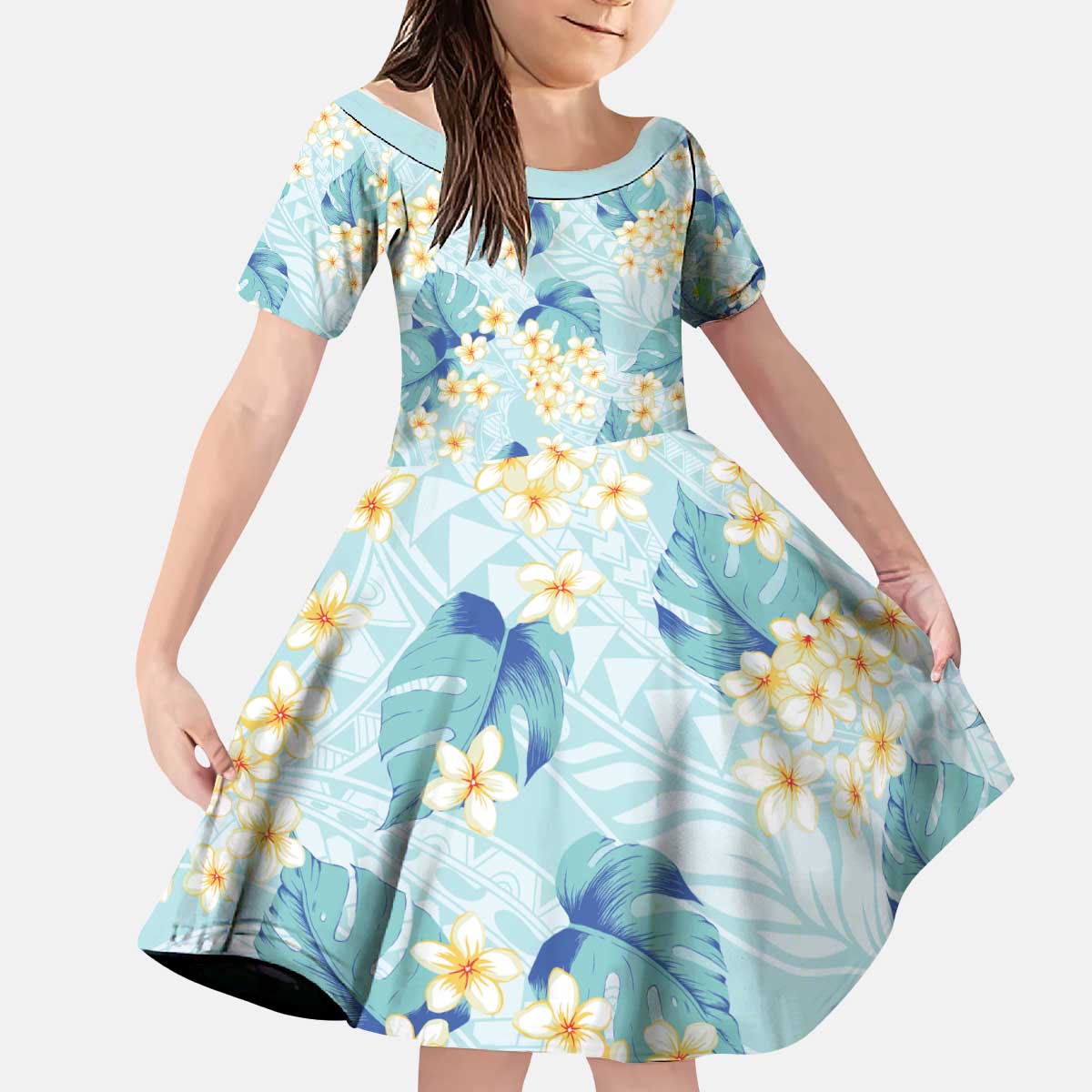 Pastel Cyan Tropical Hawaii Kid Short Sleeve Dress Seamless Monstera Plumeria Hawaiian Pattern - Polynesian Pride