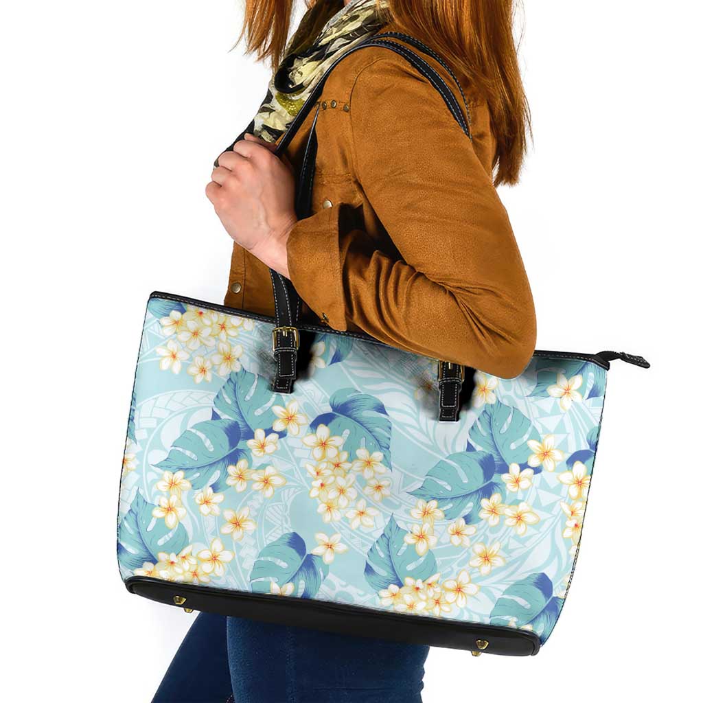 Pastel Cyan Tropical Hawaii Leather Tote Bag Seamless Monstera Plumeria Hawaiian Pattern - Polynesian Pride