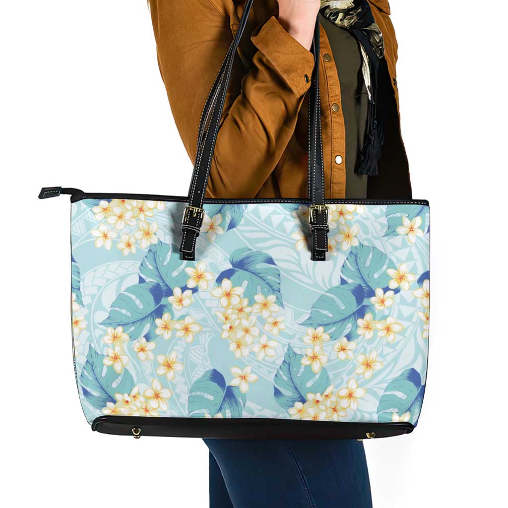 Pastel Cyan Tropical Hawaii Leather Tote Bag Seamless Monstera Plumeria Hawaiian Pattern LT14 - Polynesian Pride