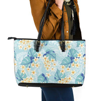 Pastel Cyan Tropical Hawaii Leather Tote Bag Seamless Monstera Plumeria Hawaiian Pattern LT14 - Polynesian Pride