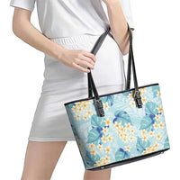 Pastel Cyan Tropical Hawaii Leather Tote Bag Seamless Monstera Plumeria Hawaiian Pattern LT14 - Polynesian Pride