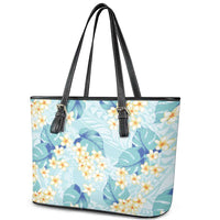 Pastel Cyan Tropical Hawaii Leather Tote Bag Seamless Monstera Plumeria Hawaiian Pattern LT14 - Polynesian Pride