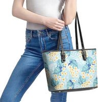 Pastel Cyan Tropical Hawaii Leather Tote Bag Seamless Monstera Plumeria Hawaiian Pattern LT14 - Polynesian Pride