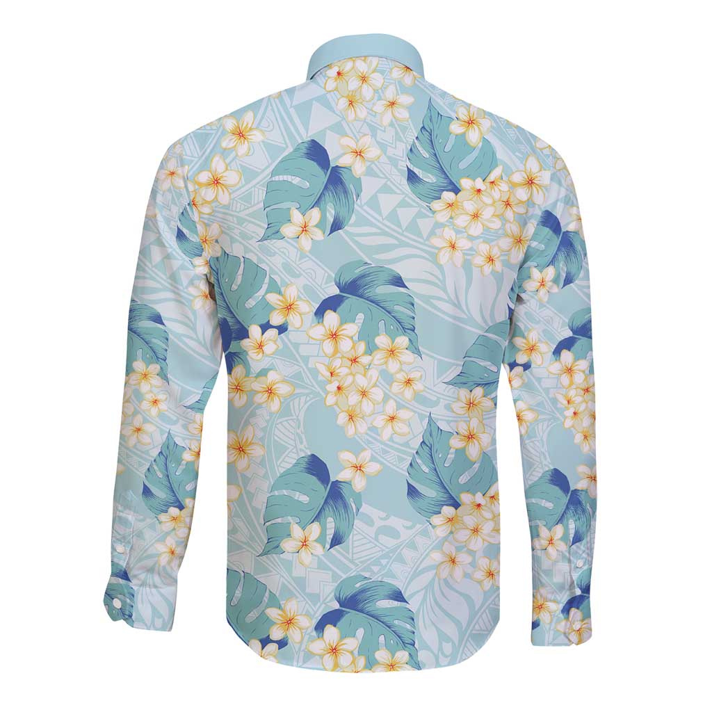 Pastel Cyan Tropical Hawaii Long Sleeve Button Shirt Seamless Monstera Plumeria Hawaiian Pattern - Polynesian Pride