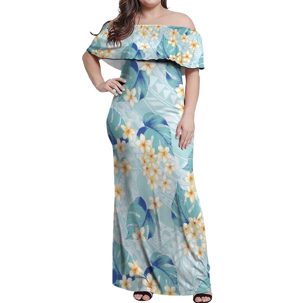 Pastel Cyan Tropical Hawaii Off Shoulder Maxi Dress Seamless Monstera Plumeria Hawaiian Pattern - Polynesian Pride