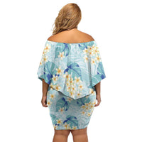 Pastel Cyan Tropical Hawaii Off Shoulder Short Dress Seamless Monstera Plumeria Hawaiian Pattern - Polynesian Pride