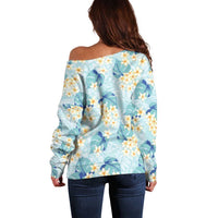Pastel Cyan Tropical Hawaii Off Shoulder Sweater Seamless Monstera Plumeria Hawaiian Pattern - Polynesian Pride