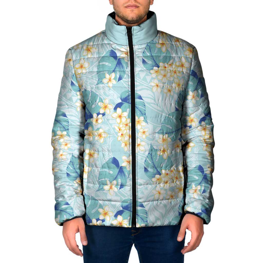 Pastel Cyan Tropical Hawaii Padded Jacket Seamless Monstera Plumeria Hawaiian Pattern - Polynesian Pride
