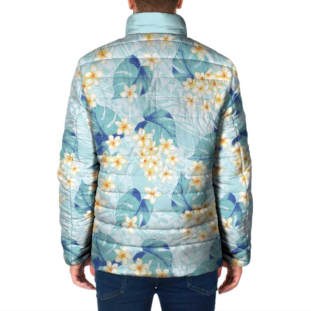 Pastel Cyan Tropical Hawaii Padded Jacket Seamless Monstera Plumeria Hawaiian Pattern - Polynesian Pride