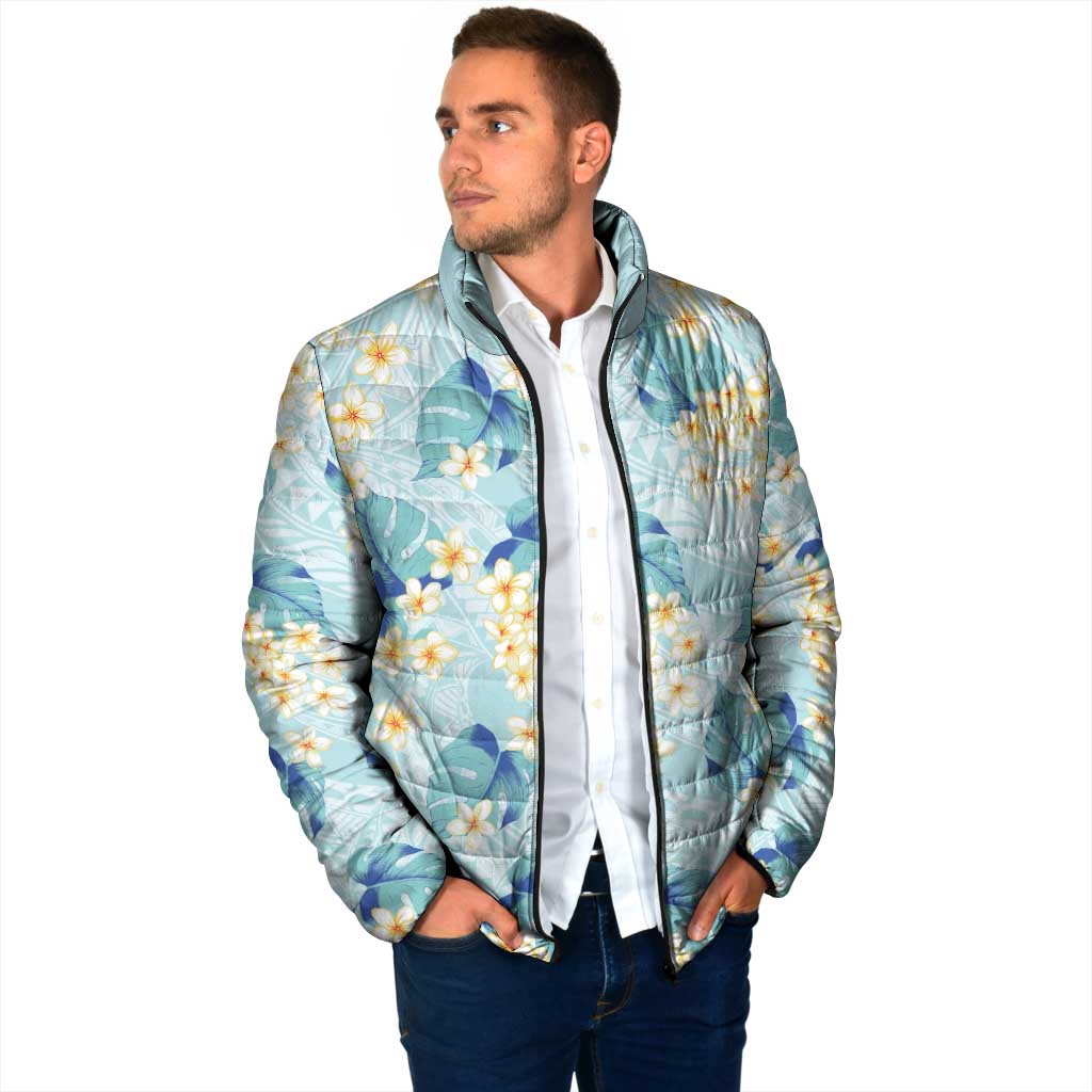 Pastel Cyan Tropical Hawaii Padded Jacket Seamless Monstera Plumeria Hawaiian Pattern - Polynesian Pride