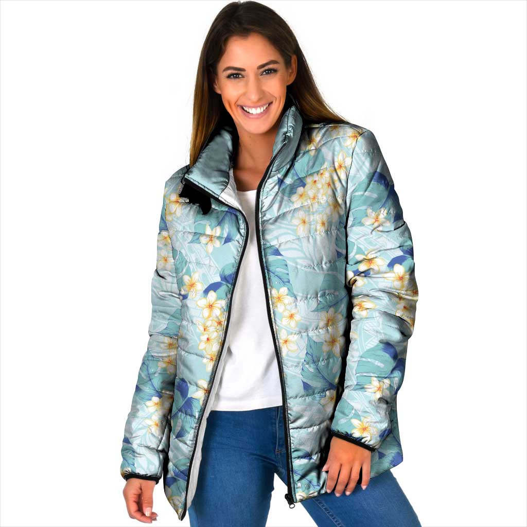 Pastel Cyan Tropical Hawaii Padded Jacket Seamless Monstera Plumeria Hawaiian Pattern - Polynesian Pride