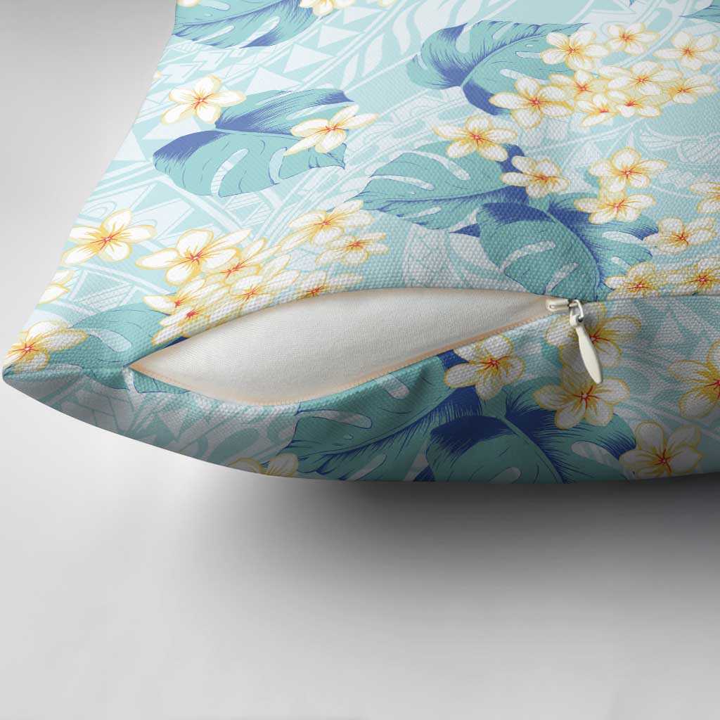 Pastel Cyan Tropical Hawaii Pillow Cover Seamless Monstera Plumeria Hawaiian Pattern - Polynesian Pride