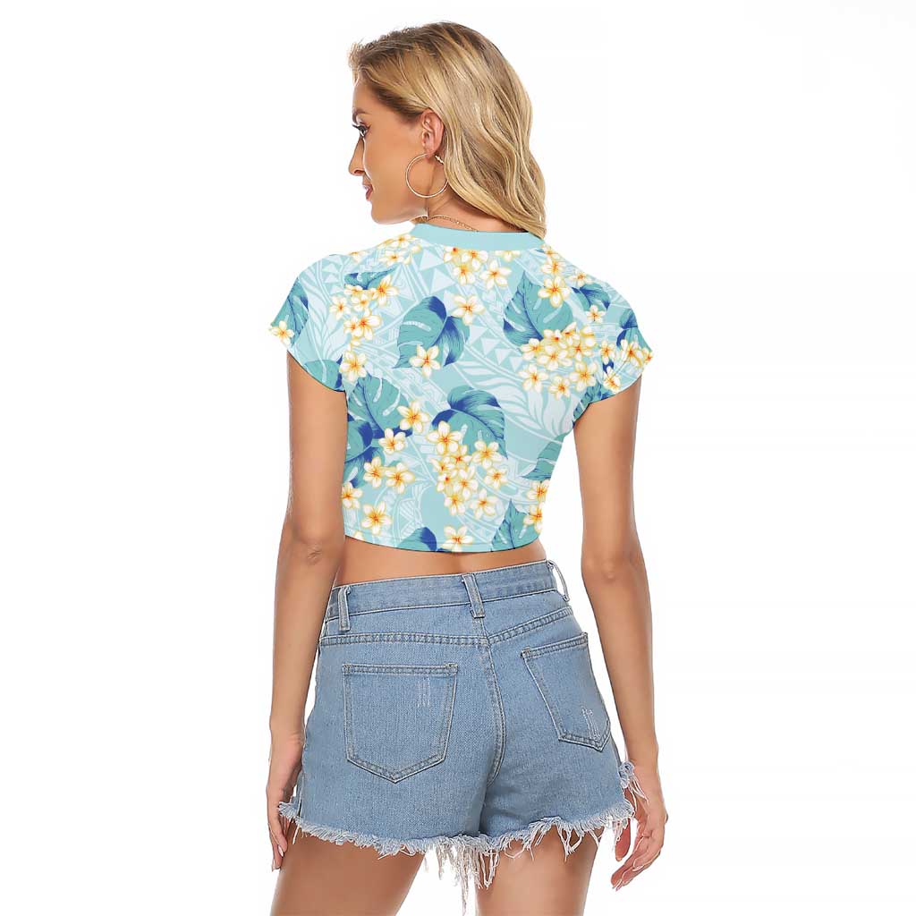 Pastel Cyan Tropical Hawaii Raglan Cropped T Shirt Seamless Monstera Plumeria Hawaiian Pattern - Polynesian Pride