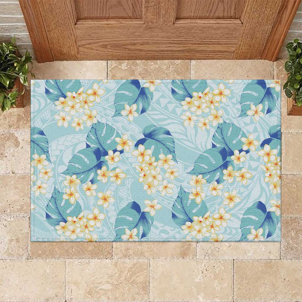 Pastel Cyan Tropical Hawaii Rubber Doormat Seamless Monstera Plumeria Hawaiian Pattern - Polynesian Pride