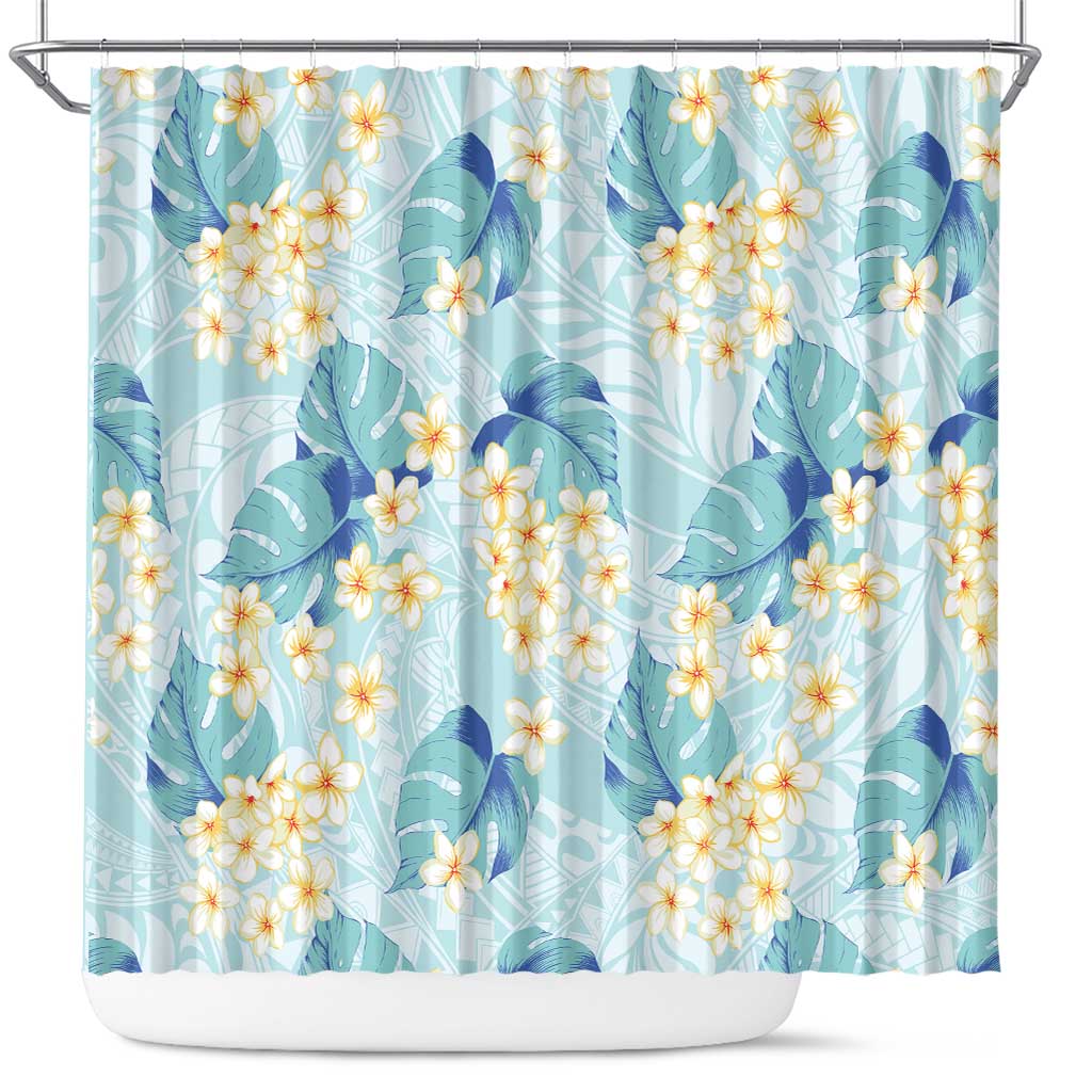 Pastel Cyan Tropical Hawaii Shower Curtain Seamless Monstera Plumeria Hawaiian Pattern - Polynesian Pride