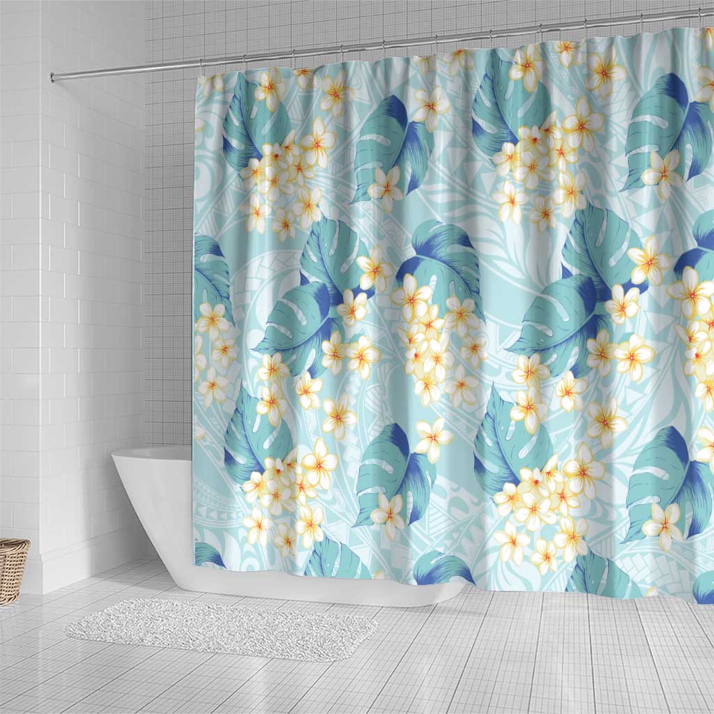 Pastel Cyan Tropical Hawaii Shower Curtain Seamless Monstera Plumeria Hawaiian Pattern - Polynesian Pride