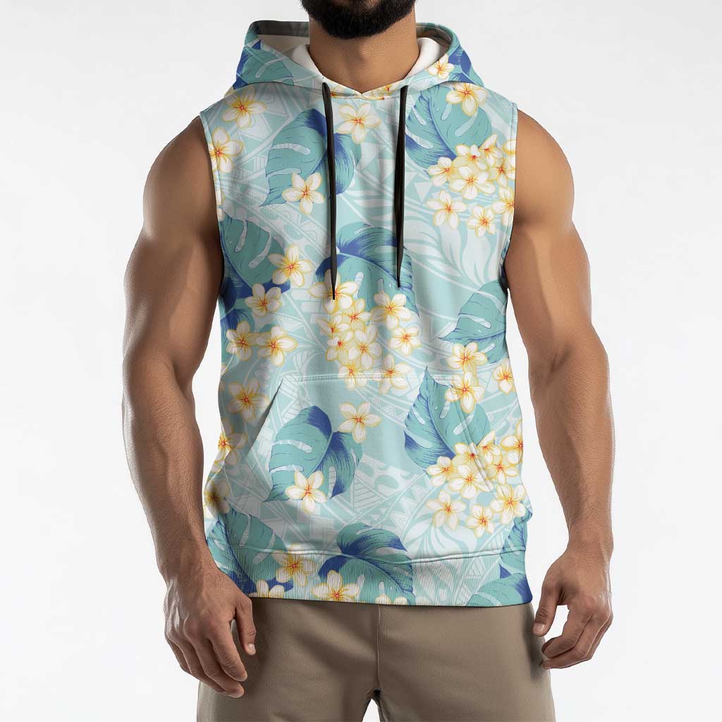 Pastel Cyan Tropical Hawaii Sleeveless Hoodie Seamless Monstera Plumeria Hawaiian Pattern - Polynesian Pride