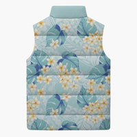 Pastel Cyan Tropical Hawaii Sleeveless Puffer Jacket Seamless Monstera Plumeria Hawaiian Pattern - Polynesian Pride