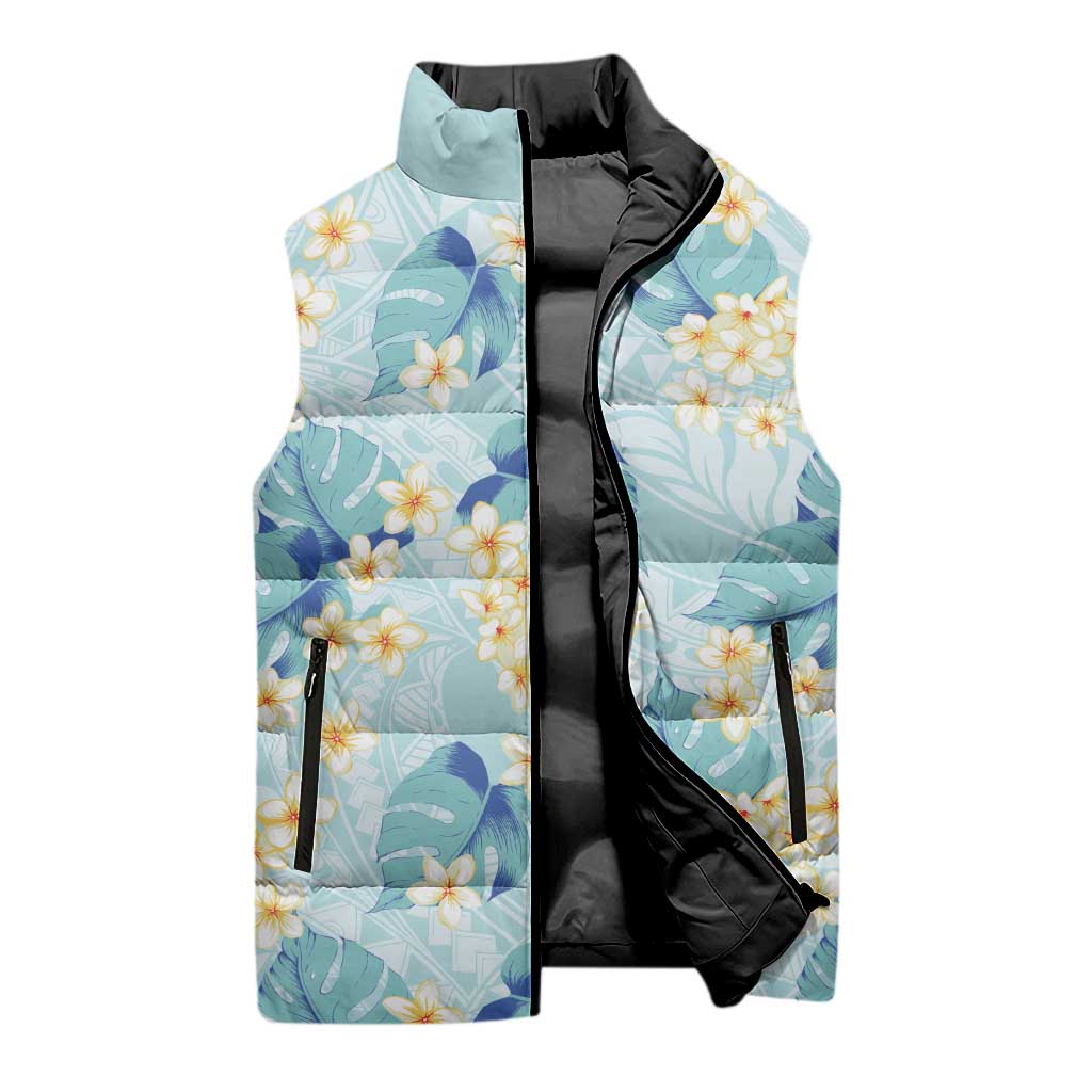 Pastel Cyan Tropical Hawaii Sleeveless Puffer Jacket Seamless Monstera Plumeria Hawaiian Pattern - Polynesian Pride
